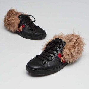 Gucci Black Leather Vintage Web Wool Fur New Ace Sneakers Men's Size 11-11.5